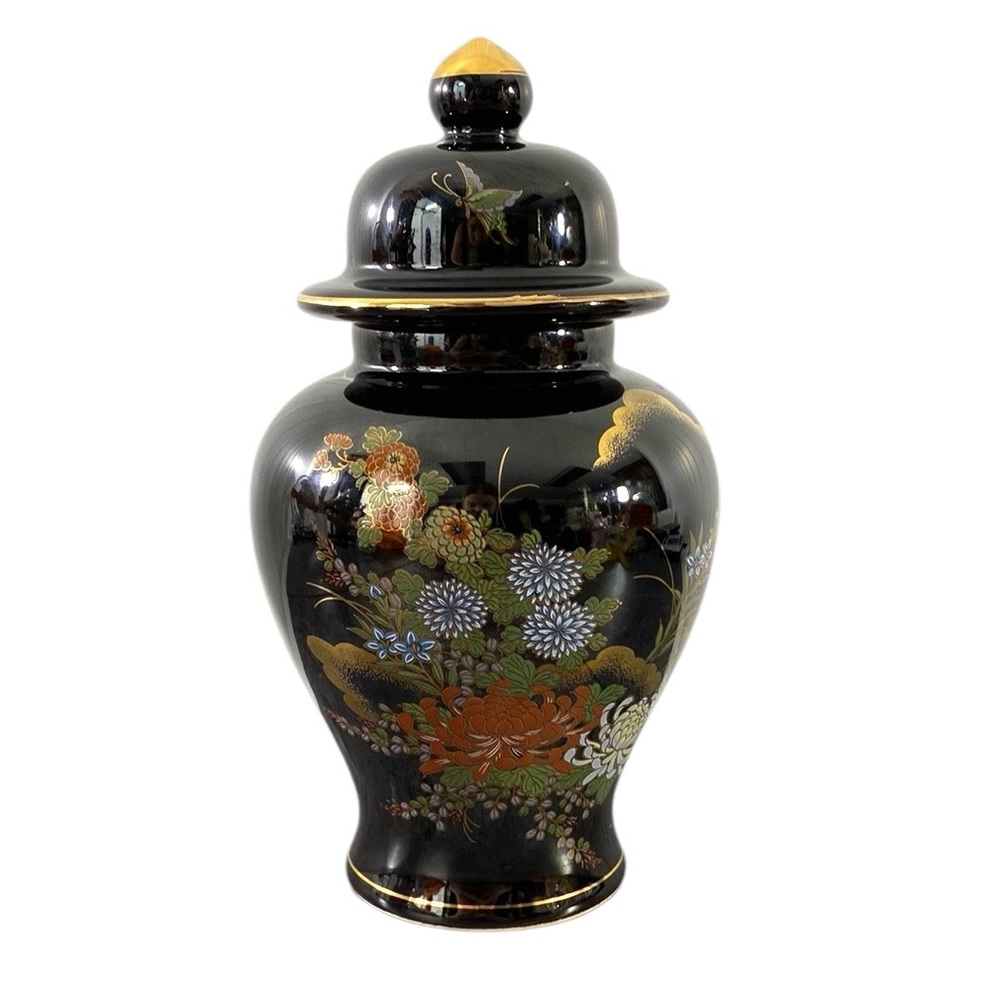 VTG Sato Gordon Japan Ginger Jar Black Gold Peonies‎ Bird Asian Elegant Floral
